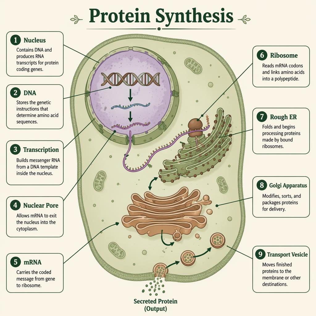 Scientific infographic of protein synthesis in a eukaryotic cell with 9 labeled callouts, arrows, nucleus, rough ER, Golgi