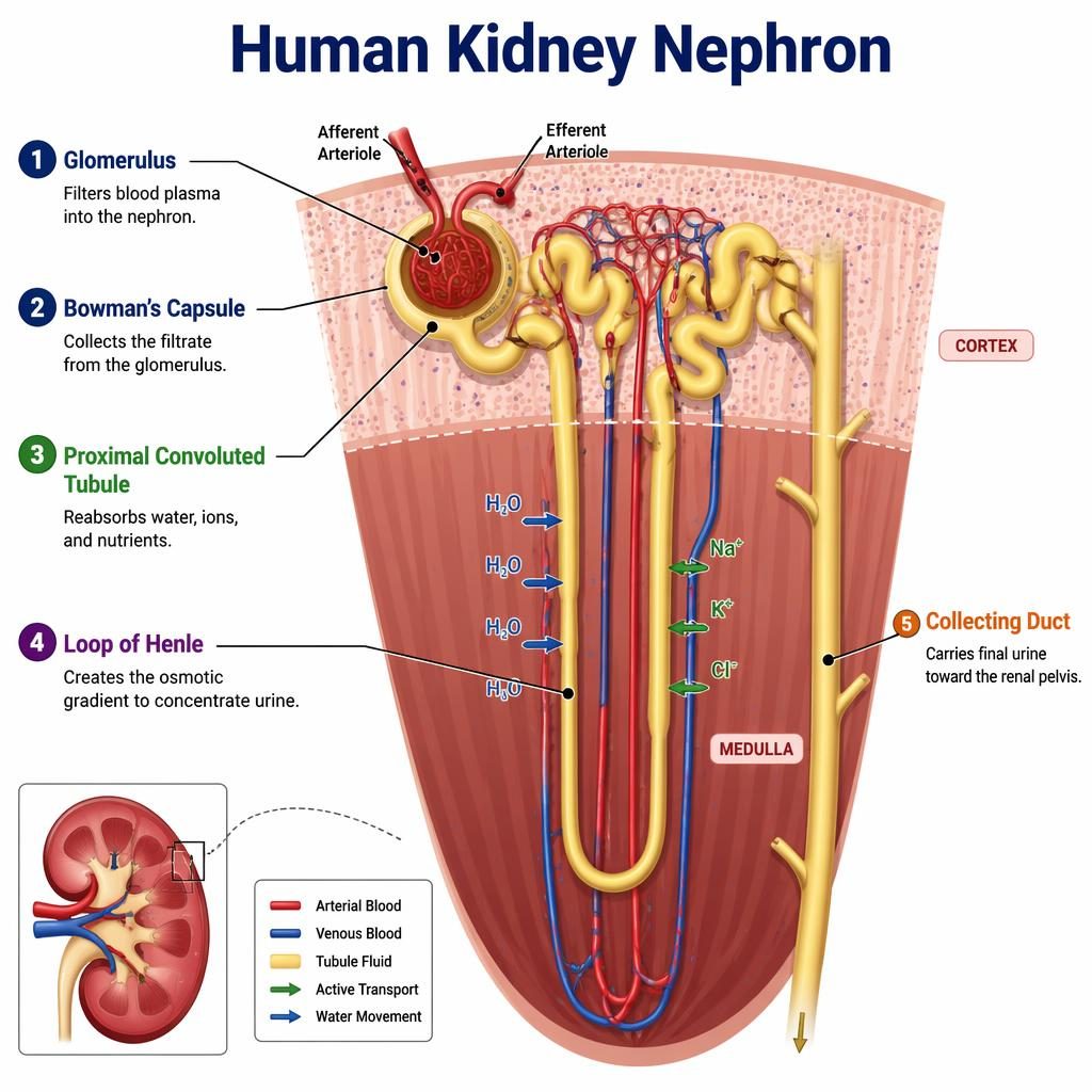 Centered human kidney nephron infographic with 5 labeled parts, leader lines, cortex and medulla context, and clean color coding.