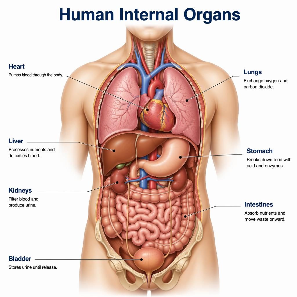 Infografika anatomiczna człowieka z podpisanymi organami wewnętrznymi na białym tle, widok przekroju tułowia.