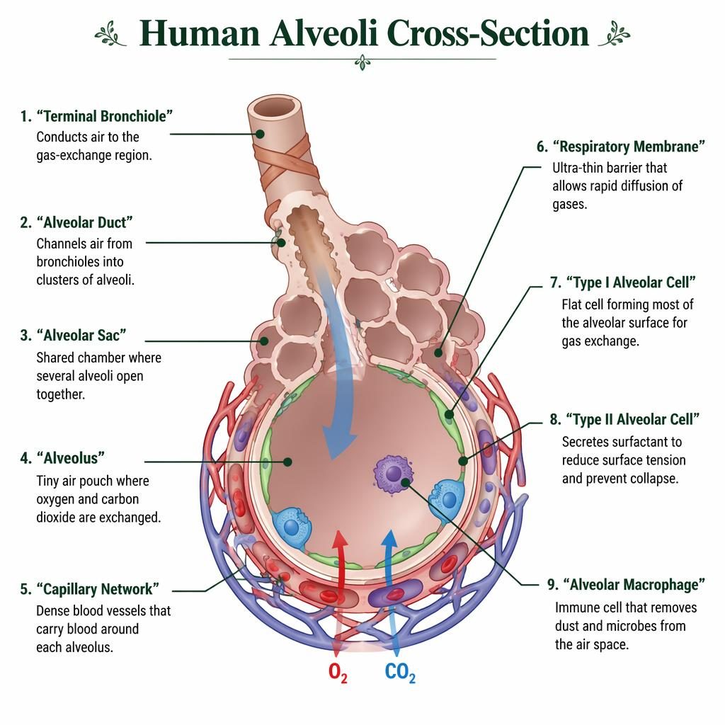 Scientific infographic of a human alveoli cross-section with 9 labeled parts, bronchiole, alveolar duct, sac, alveoli, and capillaries.