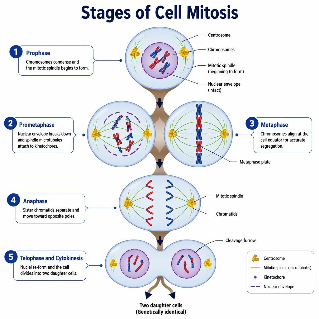 Infografía biológica con 5 etapas de la mitosis en diagrama ramificado, células animales y etiquetas en inglés.