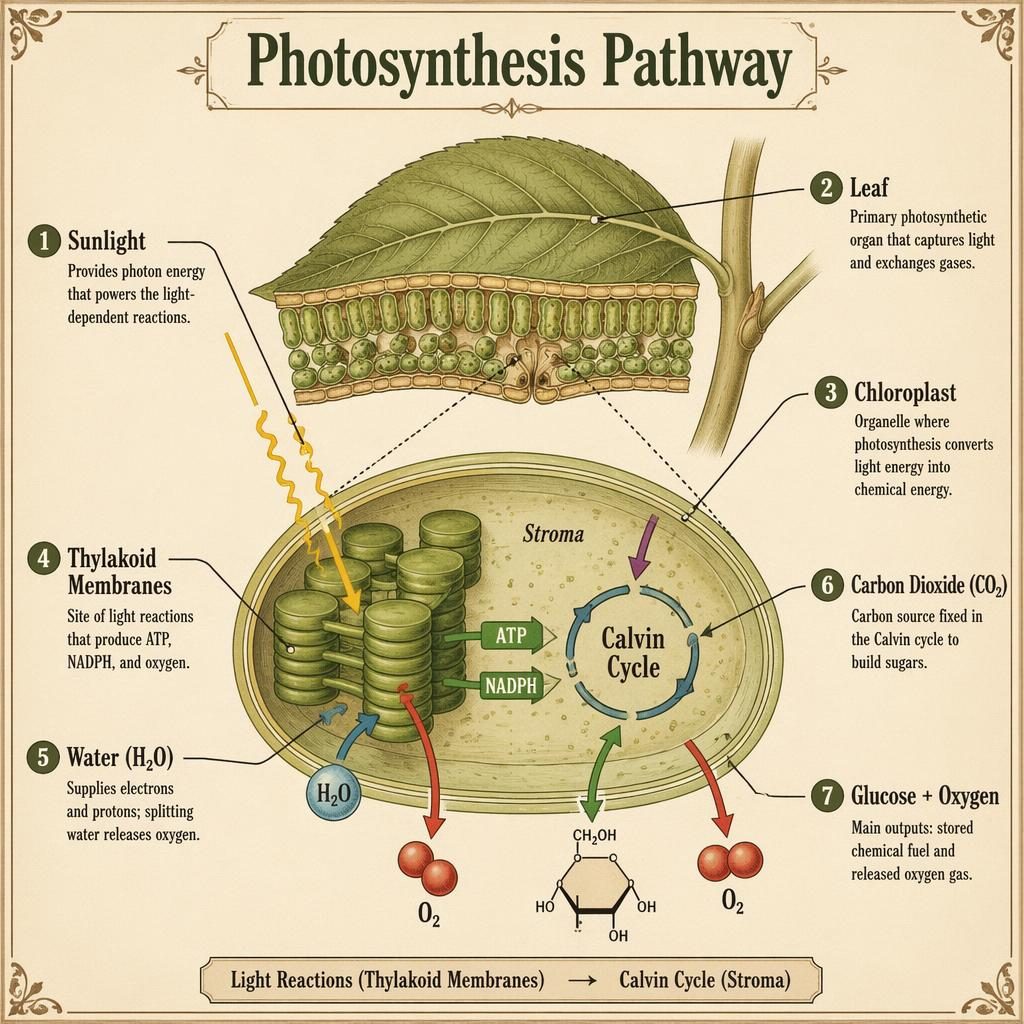Vintage-style photosynthesis pathway infographic with labeled leaf cross-section, chloroplast inset, arrows, inputs and outputs.