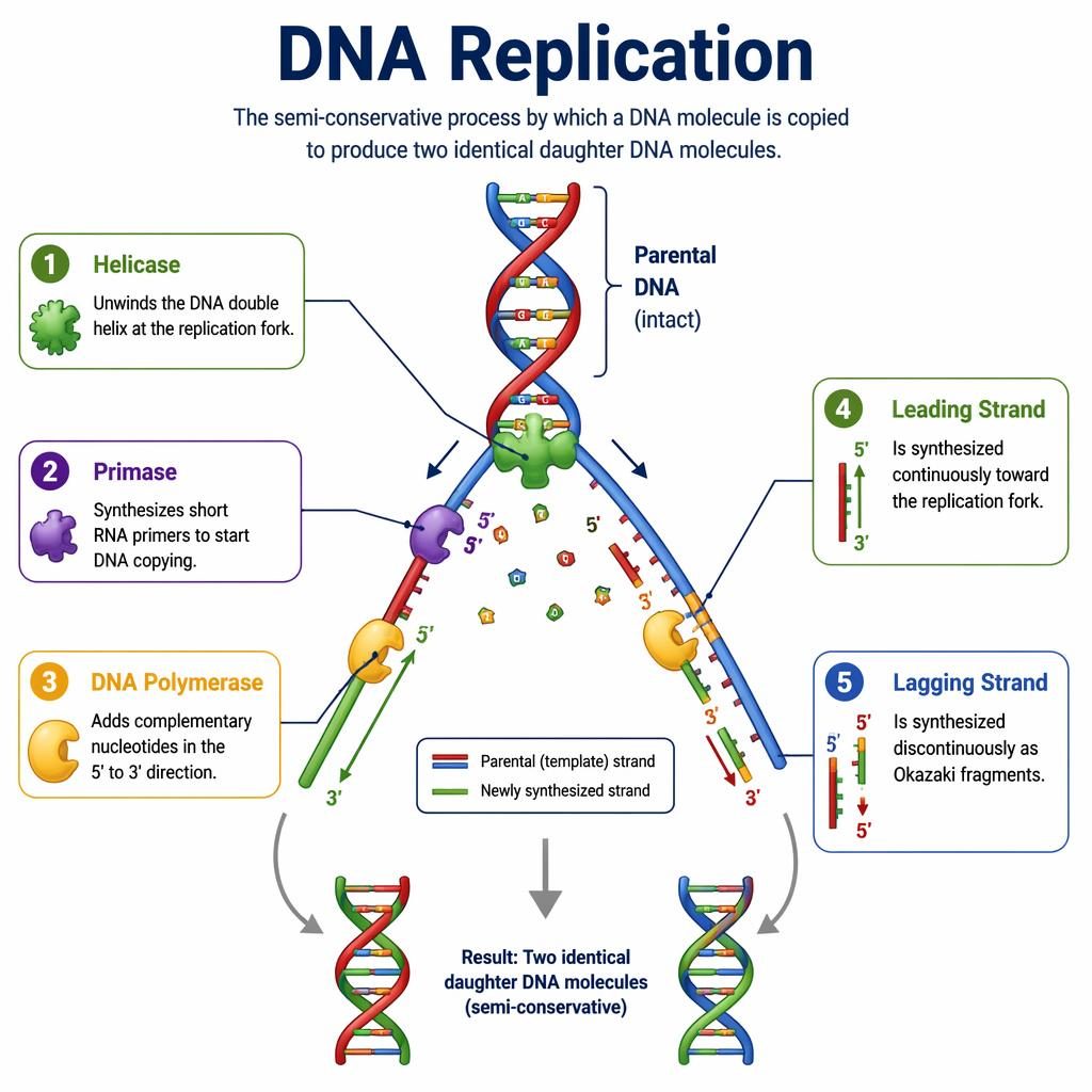 Vector DNA replication diagram with central helix, replication fork, labeled enzymes, strand arrows, and color legend.