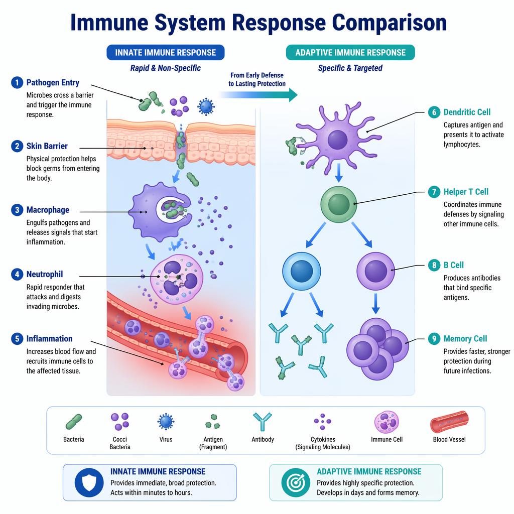 Vector infographic comparing innate and adaptive immune responses with 9 labeled cells, arrows, and clinical blue tones.