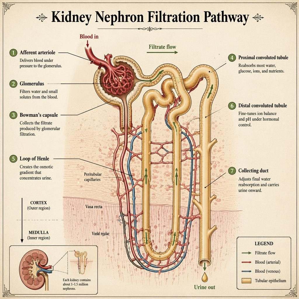 Vintage-style kidney nephron infographic with 7 labeled parts, flow arrows, blood in, filtrate flow, and urine out.