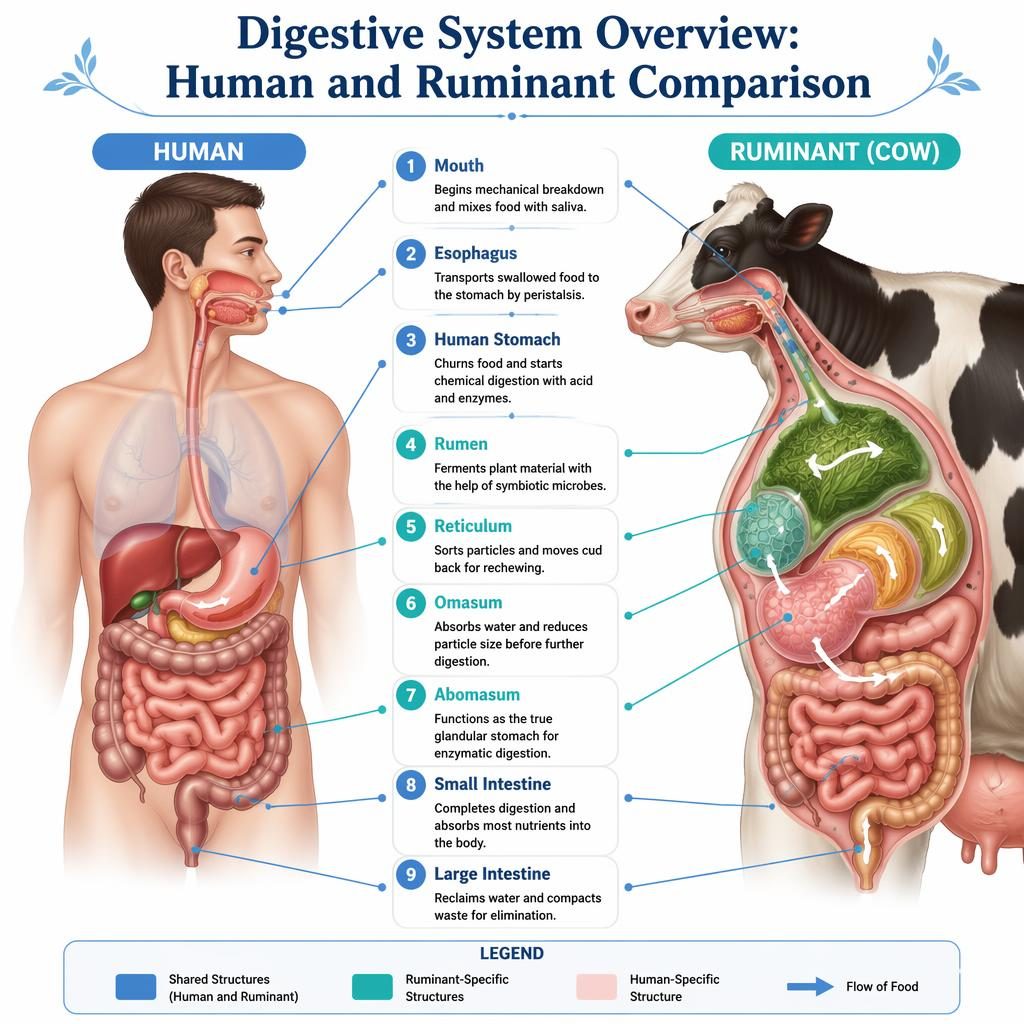 Educational infographic comparing human and ruminant digestive systems with 9 labeled parts, legend, and blue vector art.