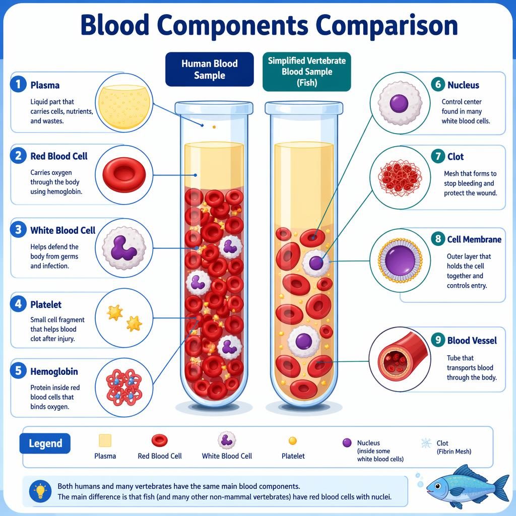 Educational blood comparison infographic with human and vertebrate samples, 9 labeled parts, circular insets, and legend.