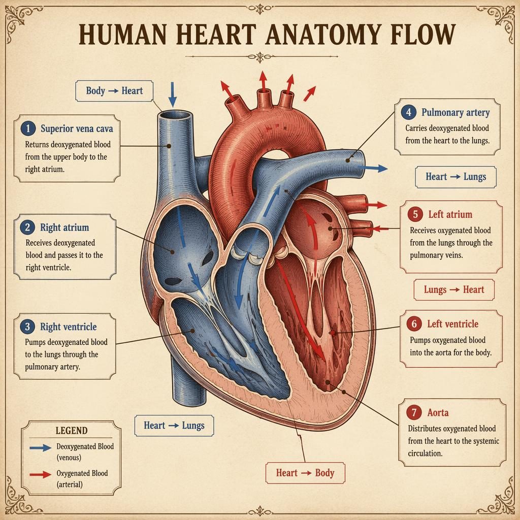 Vintage-style human heart anatomy infographic with labeled cutaway, flow arrows, legend, and seven annotated parts.