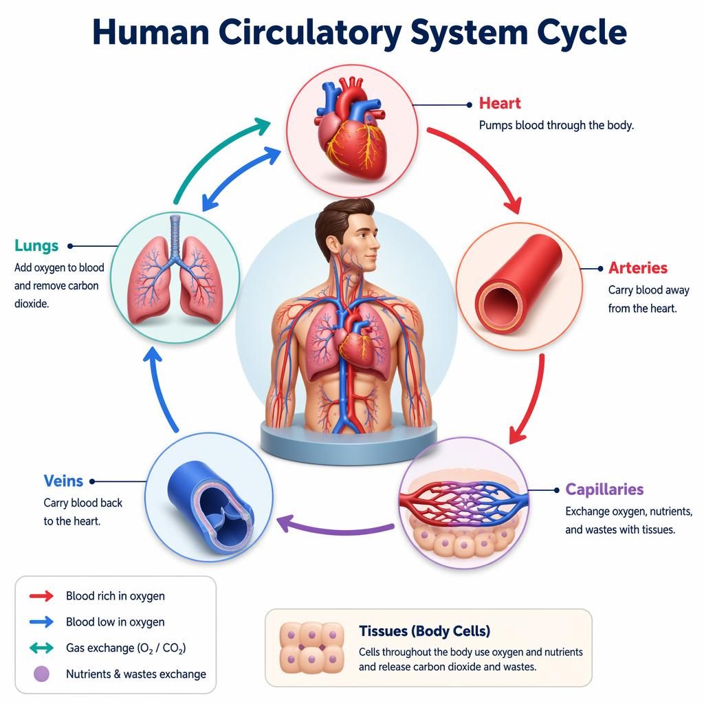 Kid-friendly circulatory system infographic with a central 3D torso, arrows, and labeled heart, lungs, arteries, capillaries, and veins.