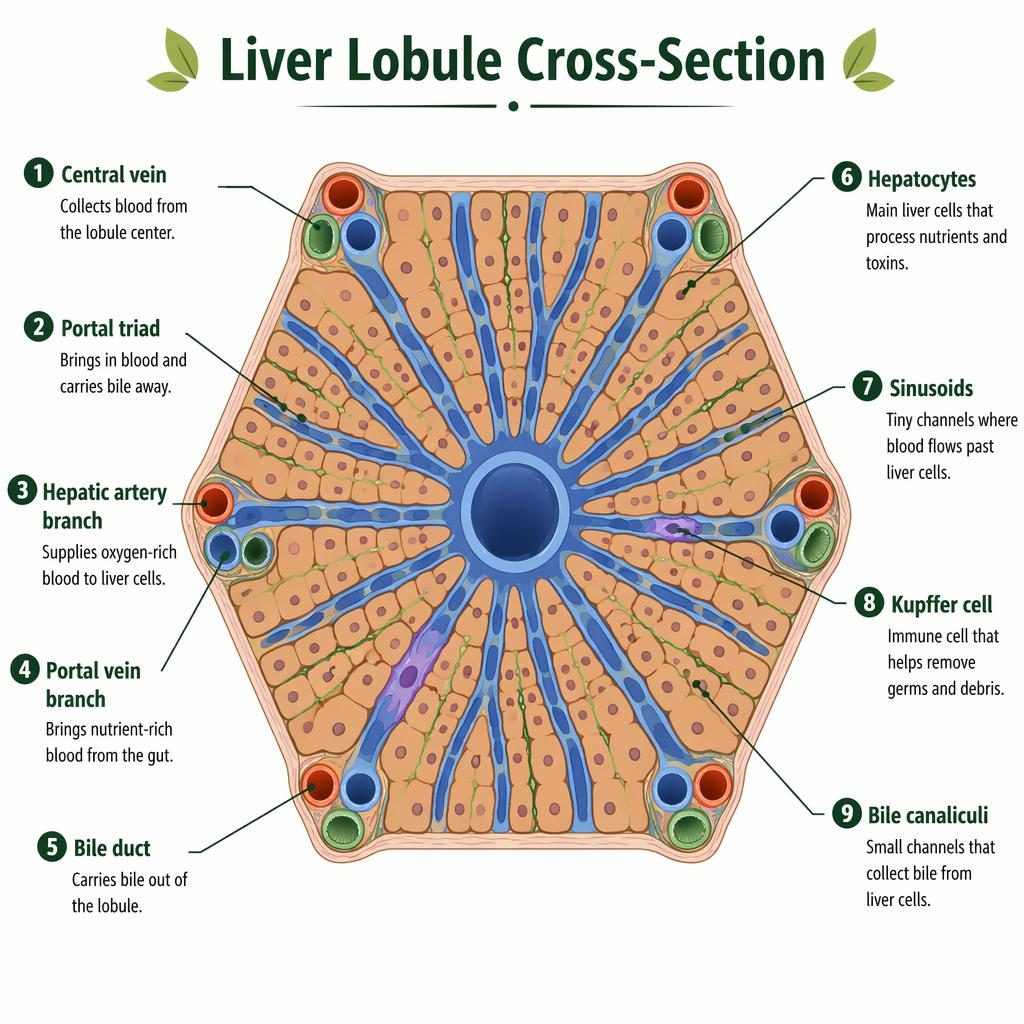 Flat vector infographic of a labeled human liver lobule cross-section with 9 anatomy parts, captions, and central vein.