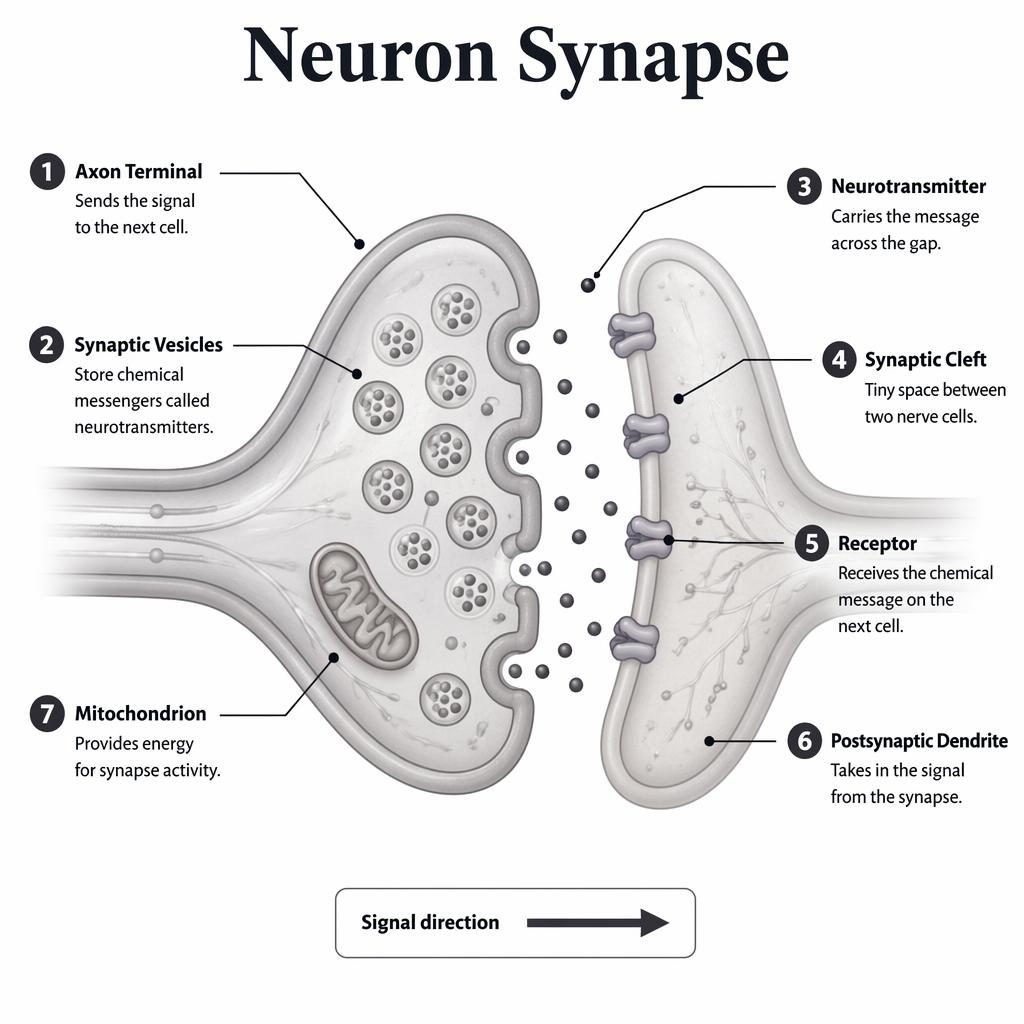 Monochrome medical infographic of a human neuron synapse cross-section with 7 labeled parts, captions, and signal direction arrow.