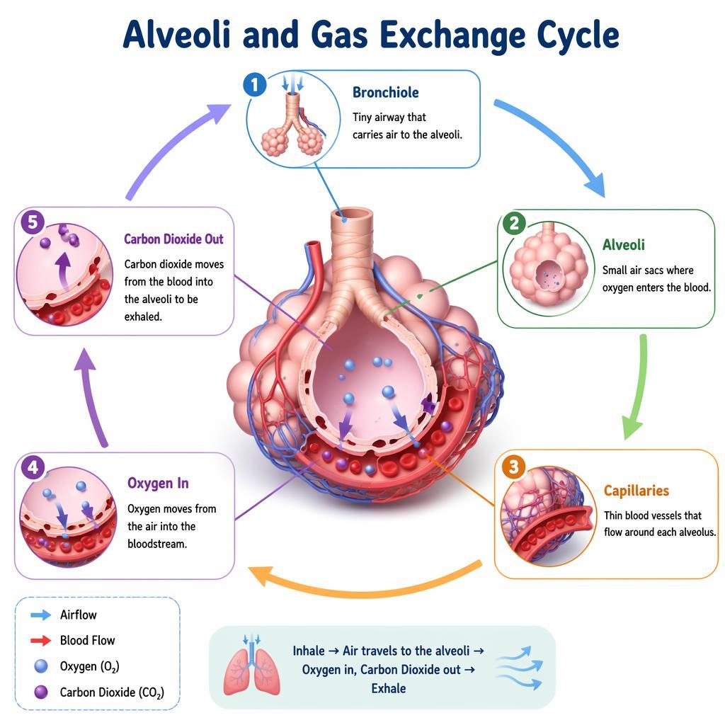 Educational alveoli gas exchange infographic with 3D alveolar sac, capillaries, arrows, and 5 labeled parts on white