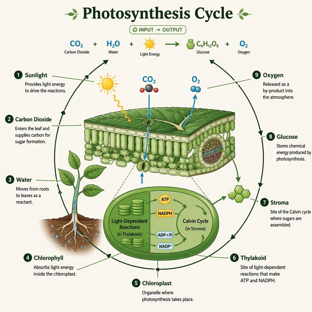 Educational photosynthesis cycle infographic showing a green leaf cross-section, chloroplast inset, arrows, and 9 labeled parts