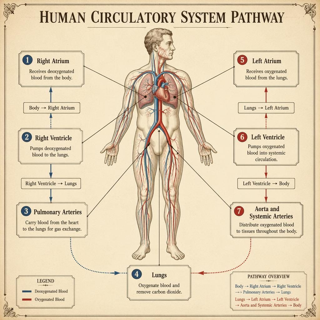 Vintage-style human circulatory system infographic with labeled heart chambers, lungs, arteries, arrows, and full-body anatomy.