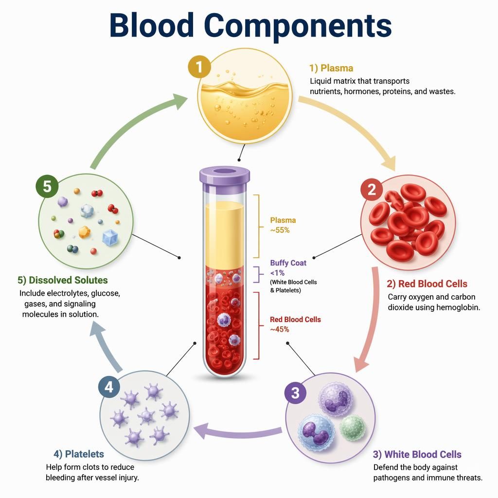 Isometric 3D blood components infographic with circular arrows, labeled plasma, red blood cells, white blood cells, platelets, and dissolved solutes.