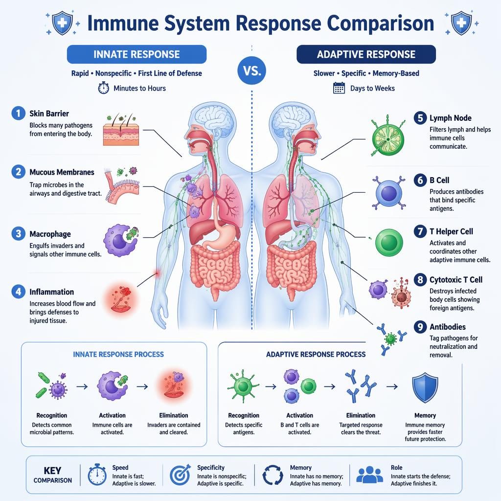 Educational immune response infographic with side-by-side human silhouettes, 9 labels, arrows, and blue clinical styling.