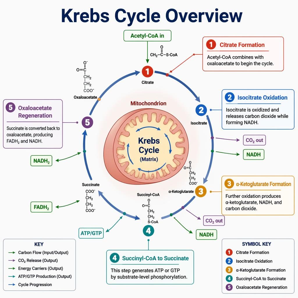 Biology infographic of the Krebs cycle in a circular ring with 5 labeled stages, arrows, mitochondrion inset, and outputs.