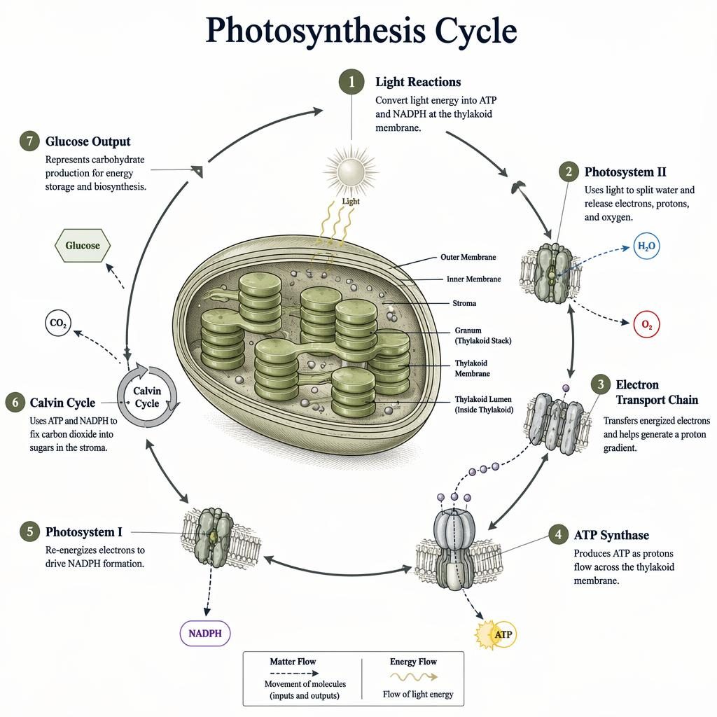 Monochrome biology infographic showing a chloroplast cutaway and 7-stage circular photosynthesis cycle with labels and flow markers.