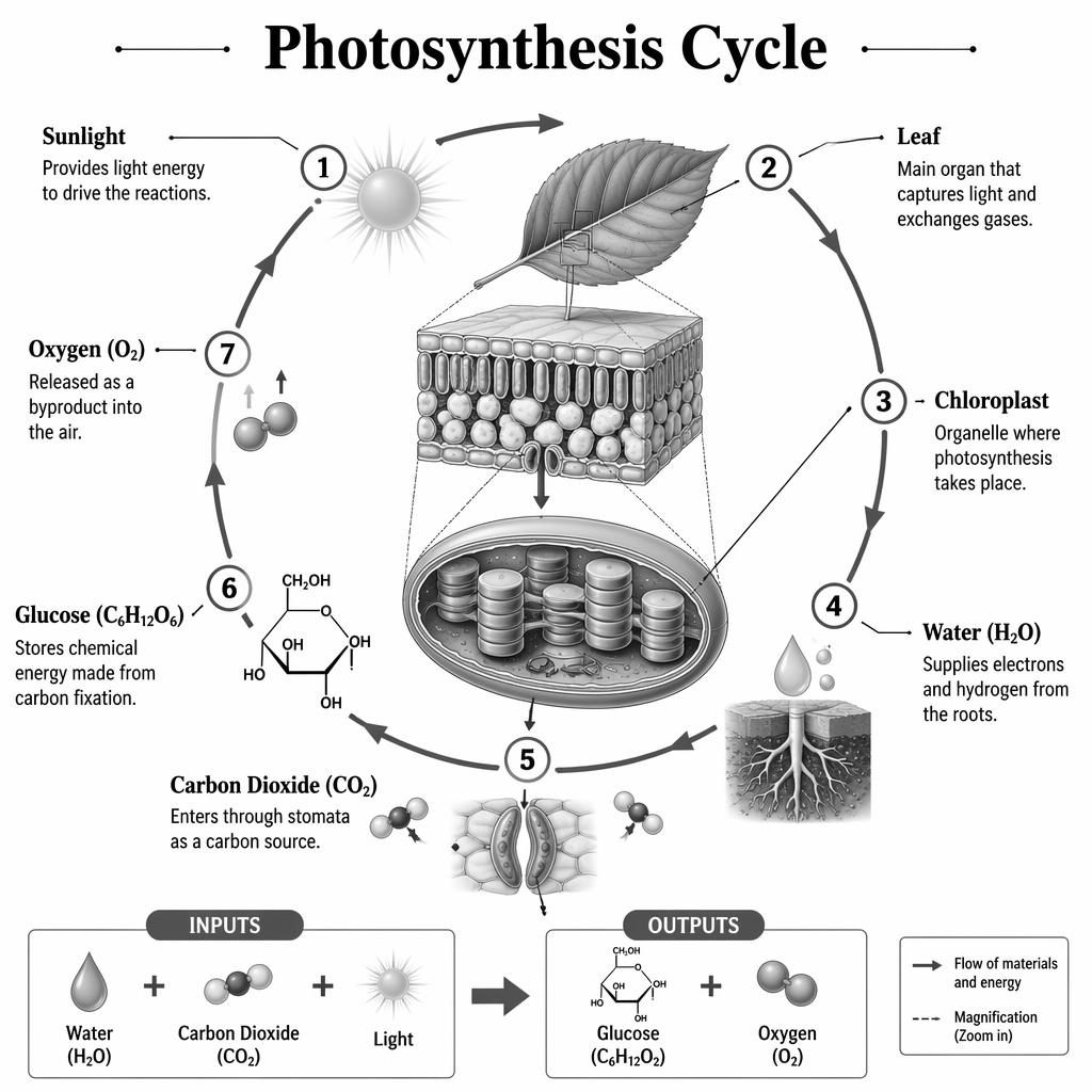 Monochrome scientific infographic of the photosynthesis cycle with a circular diagram, chloroplast, leaf cross-section, arrows, and 7 labels.