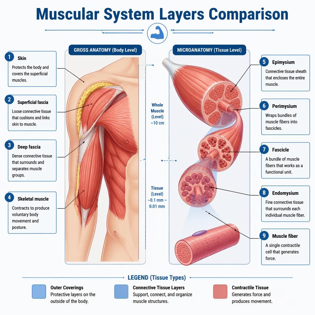 Vector anatomy infographic comparing torso muscle layers and muscle tissue levels with 9 English labels and blue legend.