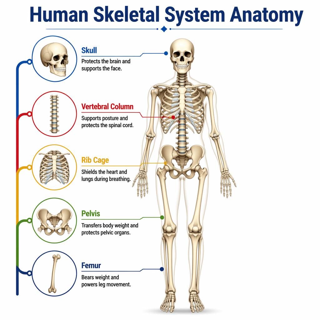 Editorial-style human skeletal system infographic with 5 labeled parts: skull, vertebral column, rib cage, pelvis, femur.