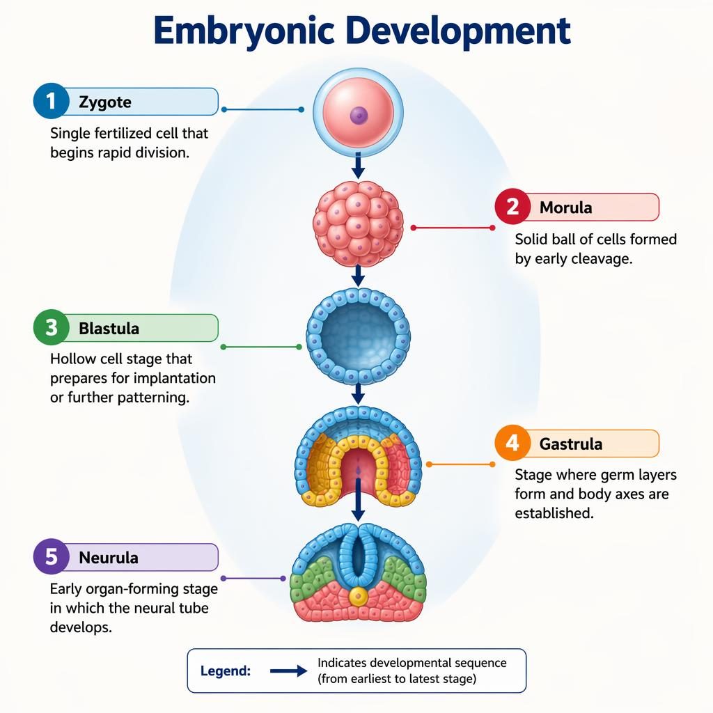 Educational embryonic development infographic with zygote, morula, blastula, gastrula, and neurula in a clean tree layout.