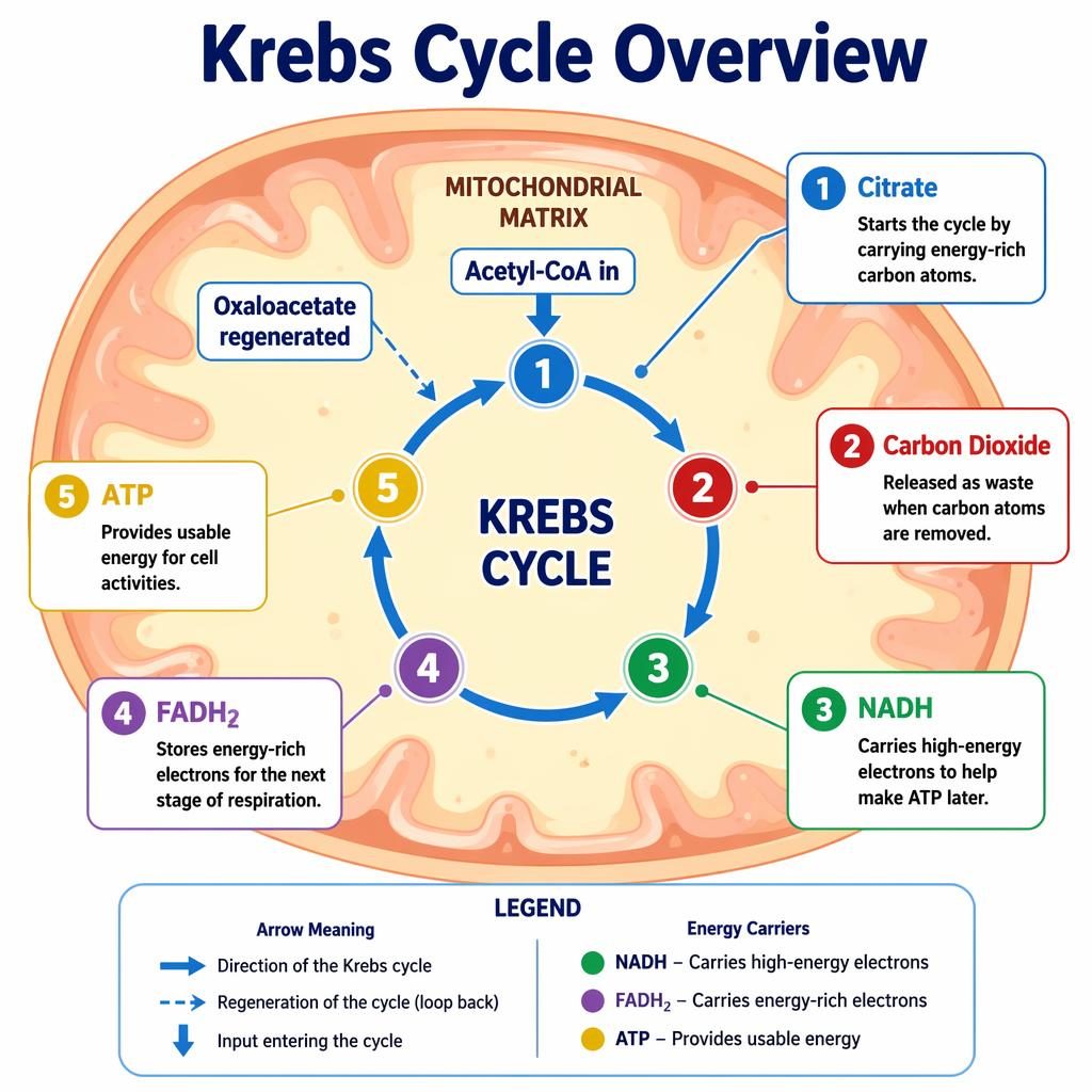 Colorful textbook-style Krebs cycle diagram in the mitochondrial matrix with labeled stages, arrows, legend, and inputs.