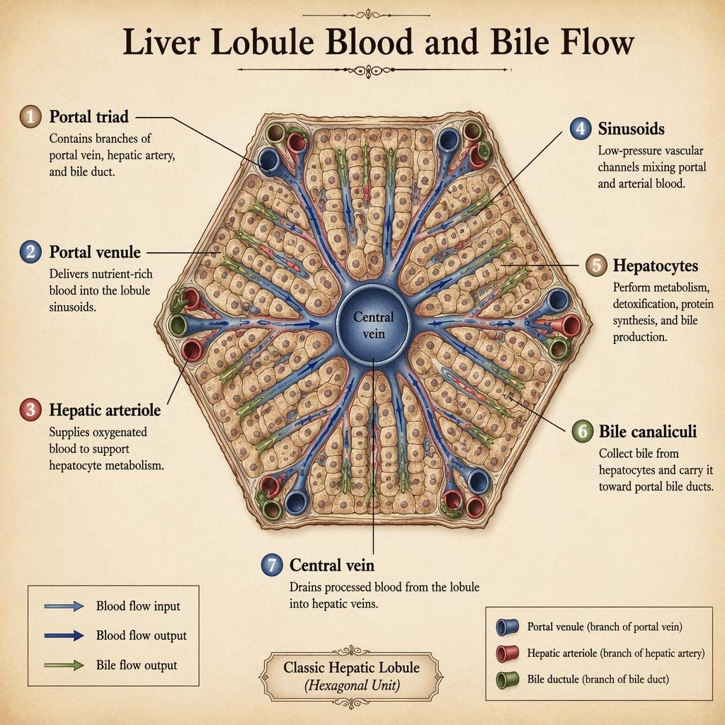 Vintage-style liver lobule infographic showing central vein, portal triads, sinusoids, bile canaliculi, arrows, and 7 labels.