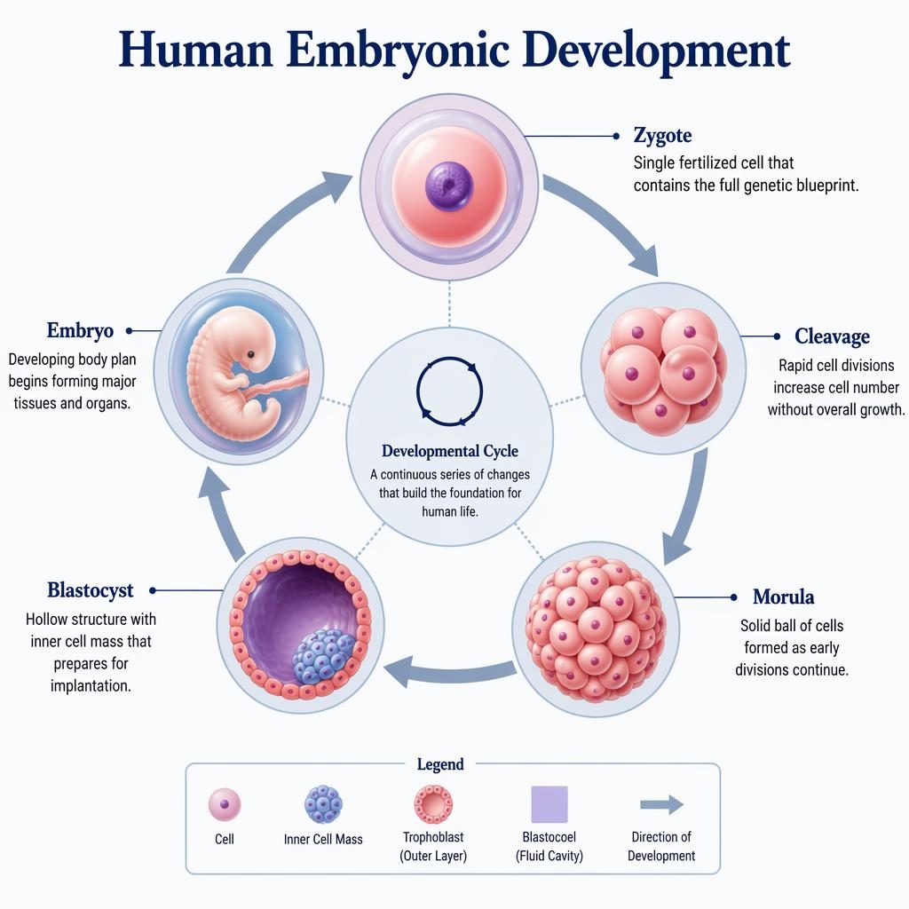 Circular infographic of 5 early human embryonic stages with arrows, labels, leader lines, and pastel scientific styling.