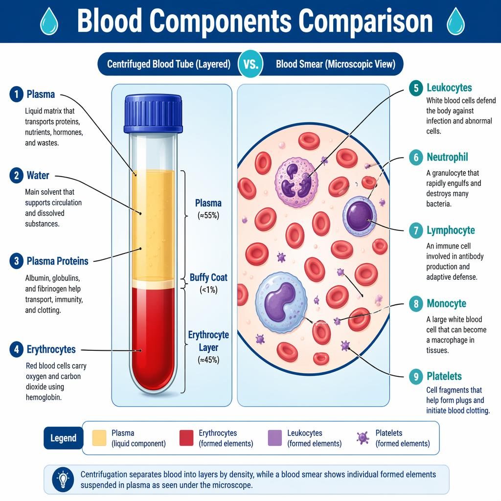 Educational blood components comparison infographic with centrifuged tube, blood smear, and 9 labeled parts in blue vector style.
