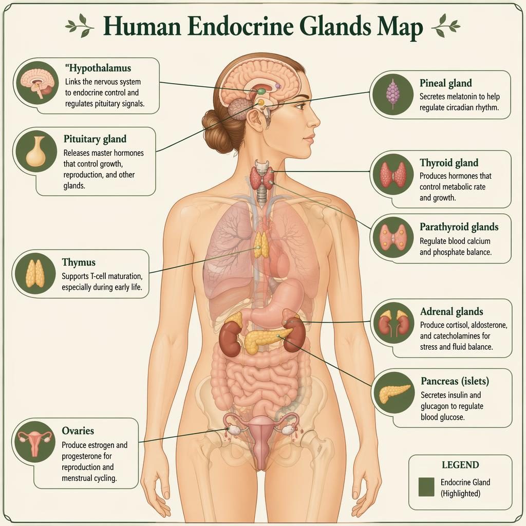 Medical infographic of adult female endocrine glands with 9 labeled callouts, leader lines, and earth-tone anatomy diagram.