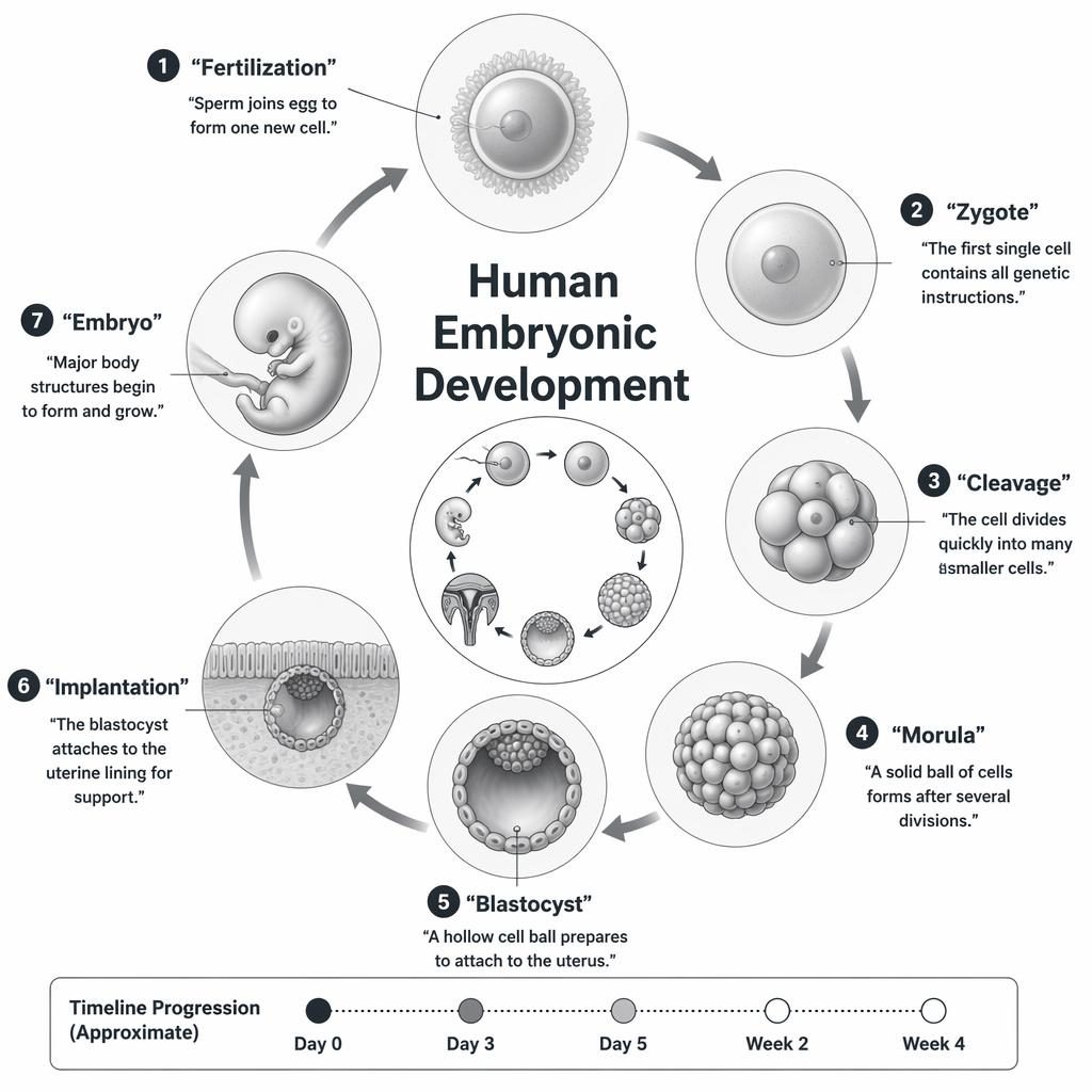Monochrome infographic of human embryonic development with 7 labeled stages in a circular diagram and timeline legend.