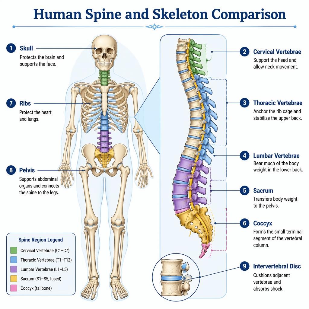 Infographic showing a full human skeleton beside a detailed spine cross-section with 9 labels and color-coded vertebrae.
