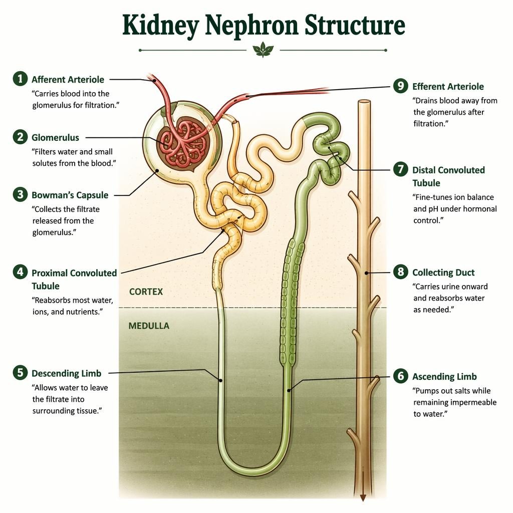 Editorial anatomical infographic of a human kidney nephron with 9 labeled parts, leader lines, and cortex-medulla shading.