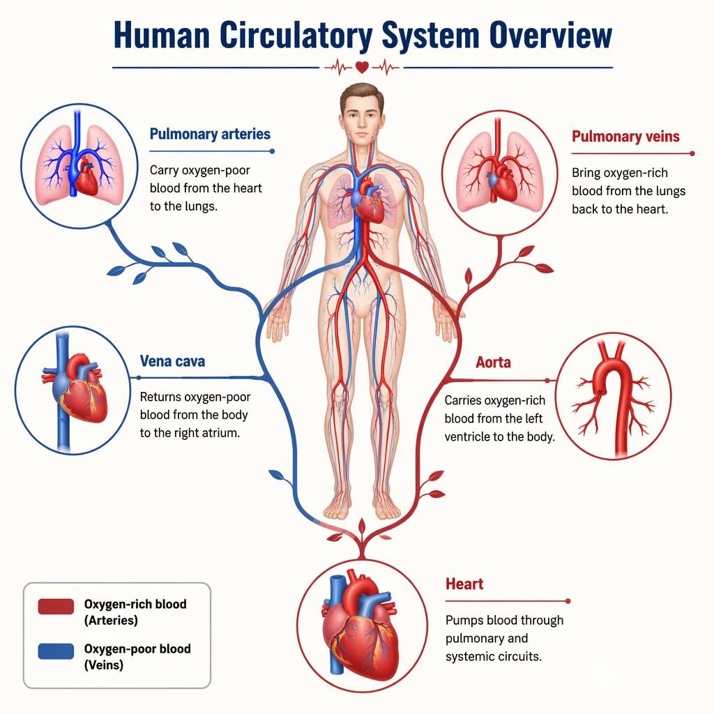 Educational circulatory system infographic with labeled heart, aorta, vena cava, pulmonary arteries, and veins.