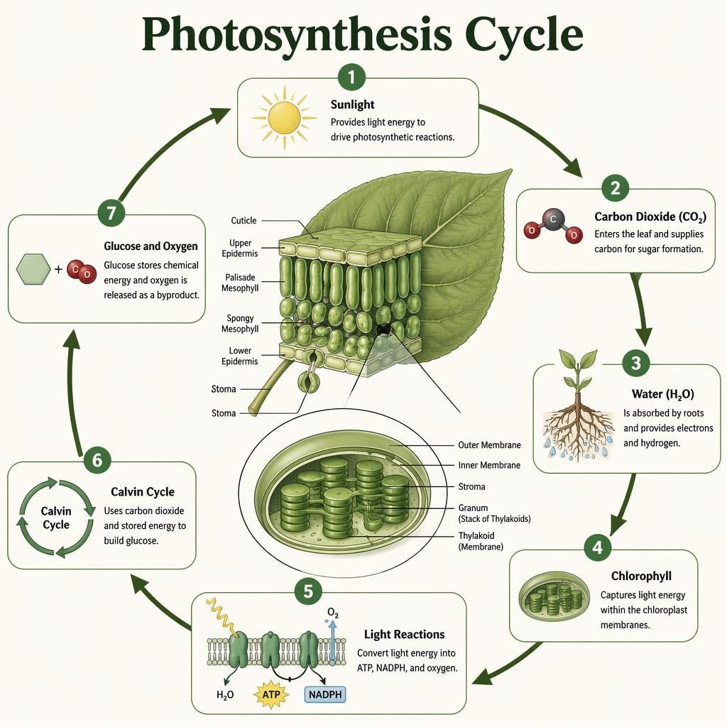 Scientific infographic of the photosynthesis cycle with a leaf cross-section, magnified chloroplast, arrows, and 7 labels.