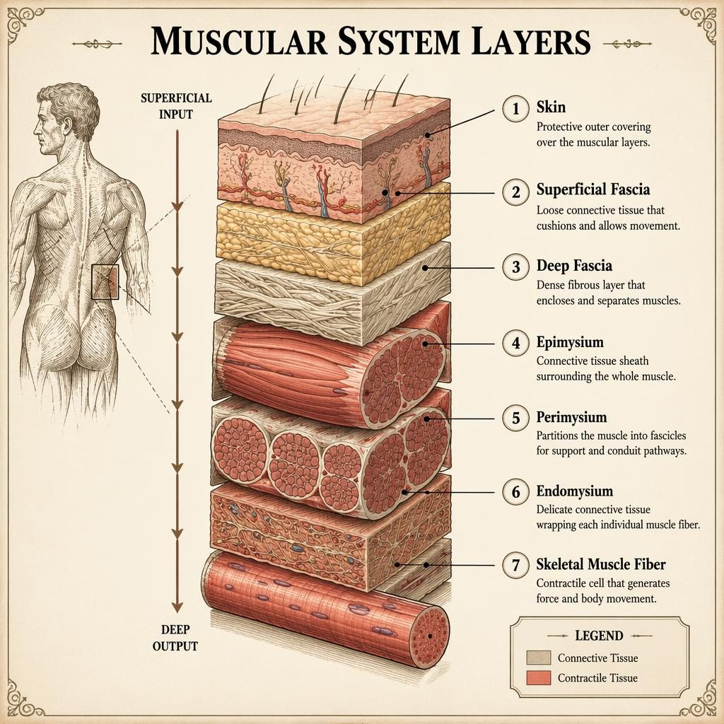 Vintage-style medical infographic of muscular system layers with 7 labeled tissues from skin to skeletal muscle fiber.