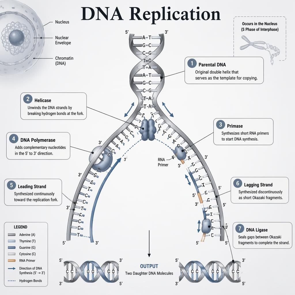 Monochrome nucleus diagram showing a DNA replication fork with 7 labeled components, strand polarity, primers, arrows, and daughter DNA.