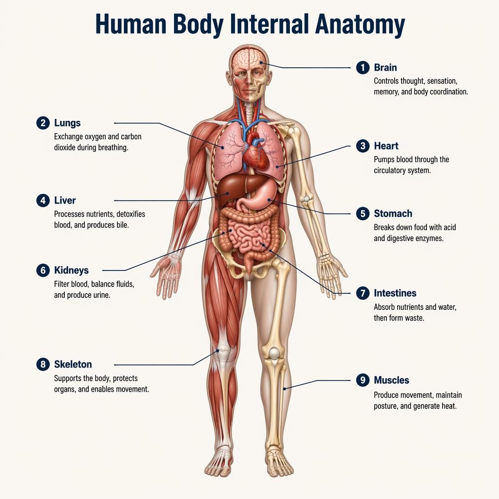 Infografika anatomia czlowieka z przekrojem ciała, 9 podpisami organów i widocznym szkieletem oraz mięśniami.