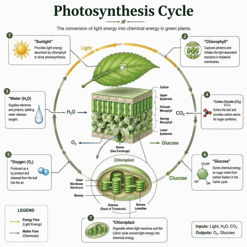 Monochrome medical-style infographic of the photosynthesis cycle with a leaf cross-section, chloroplast inset, 7 labels, and flow arrows.