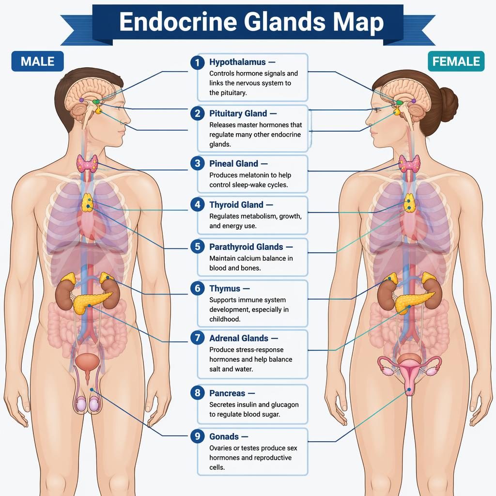 Educational endocrine system infographic with male and female body diagrams and 9 labeled glands in cool blue tones.