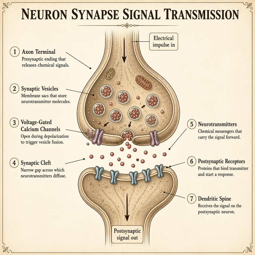 Vintage-style neuron synapse infographic with labeled axon terminal, vesicles, cleft, receptors, arrows, and captions.