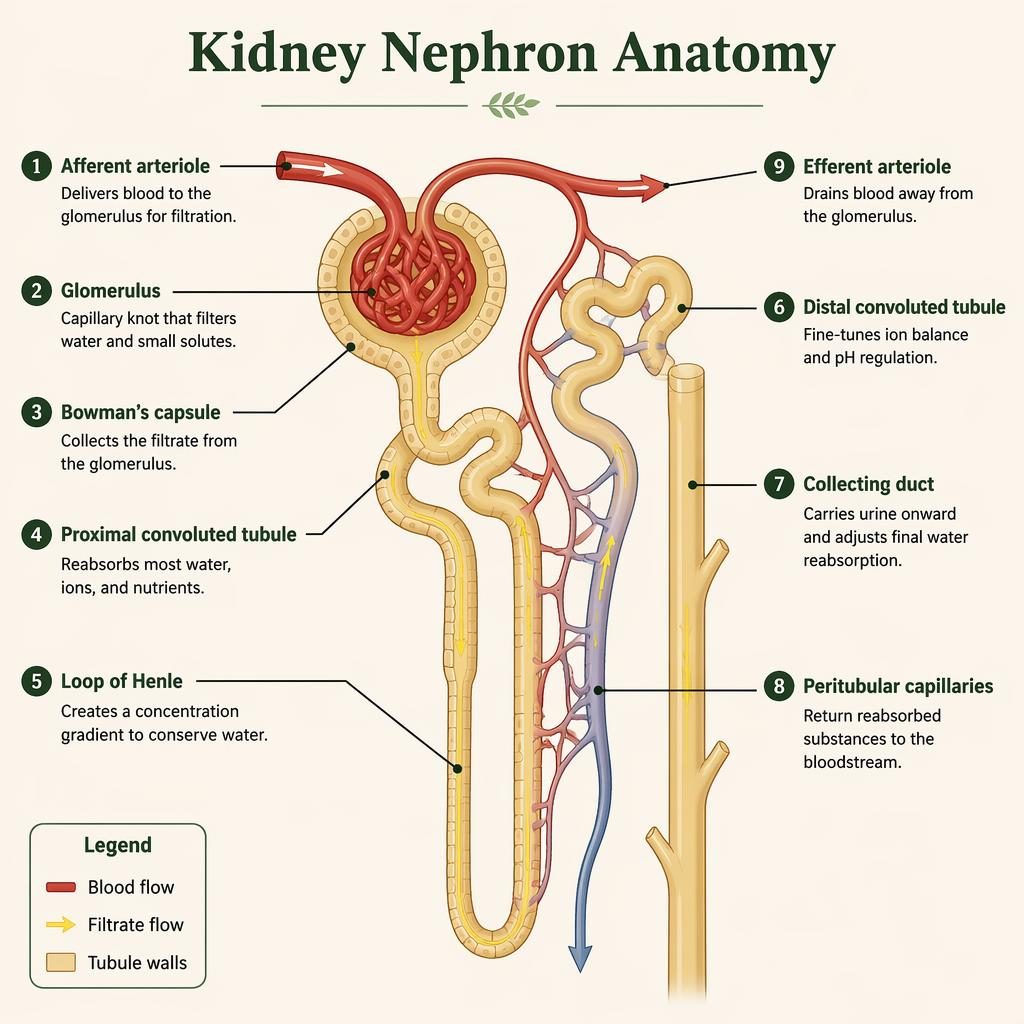 Educational kidney nephron anatomy infographic with 9 labeled parts, leader lines, legend, and clean vector cross-section.