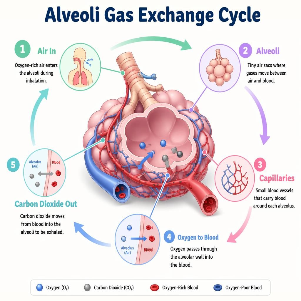 Pastel biology infographic of alveoli gas exchange cycle with labeled alveoli, capillaries, air in, oxygen to blood, and carbon dioxide out.