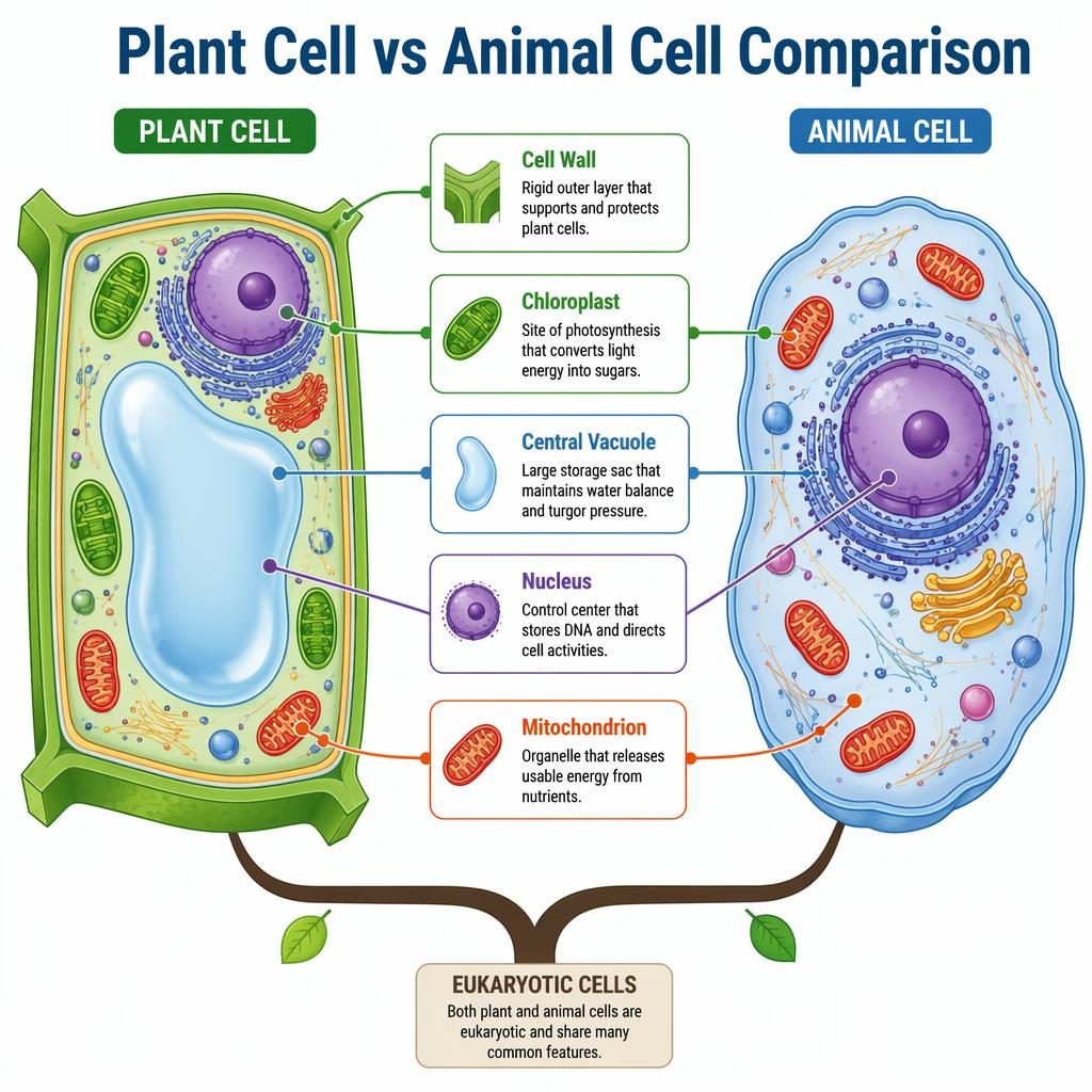Educational infographic comparing plant and animal cells with labeled callouts for cell wall, chloroplast, vacuole, nucleus, and mitochondrion.