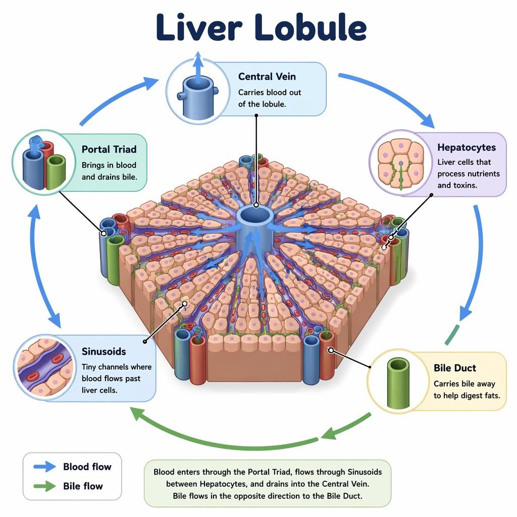 Kid-friendly isometric liver lobule diagram with labeled central vein, portal triad, hepatocytes, sinusoids, bile duct.