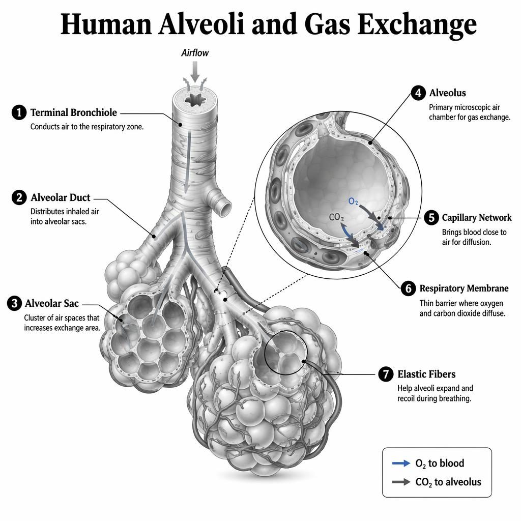 Medical infographic of human alveoli and gas exchange with 7 labels, bronchiole, alveolar sacs, inset alveolus, and O2/CO2 arrows.