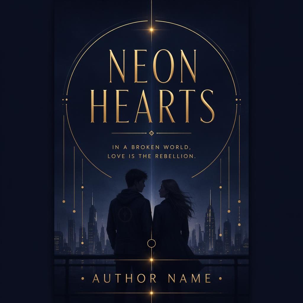 Minimalist YA dystopian romance book cover in muted navy and gold with symbolic neon motif and clean title placeholder text.