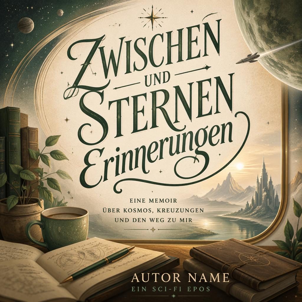 Printreifes Sci-Fi-Buchcover im Hochformat mit handgeletterter Typografie, warmen Salbei- und Pergamenttönen und Weltraumstimmung.