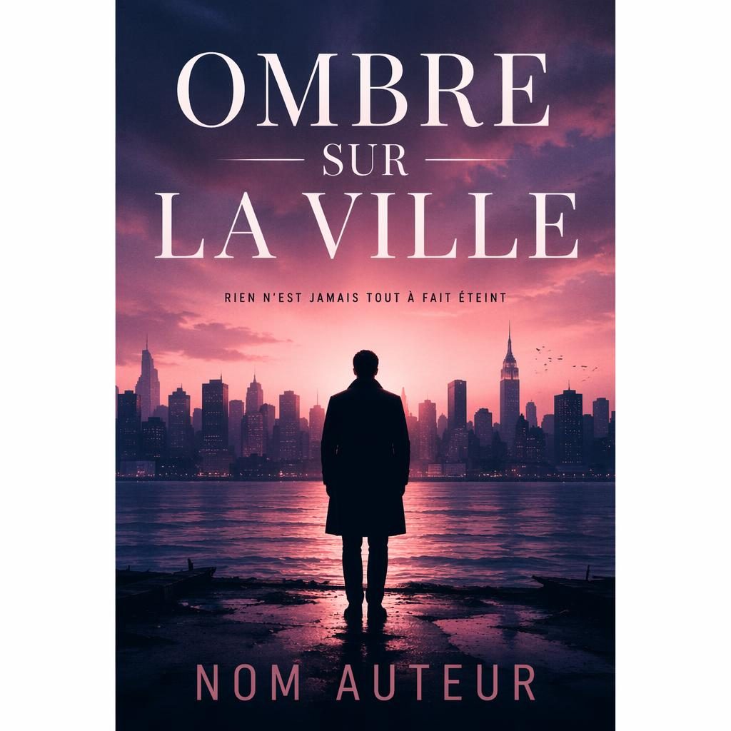 Couverture de livre en format portrait 5:8 avec silhouette de ville sombre, palette pastel romantique et typographie nette.